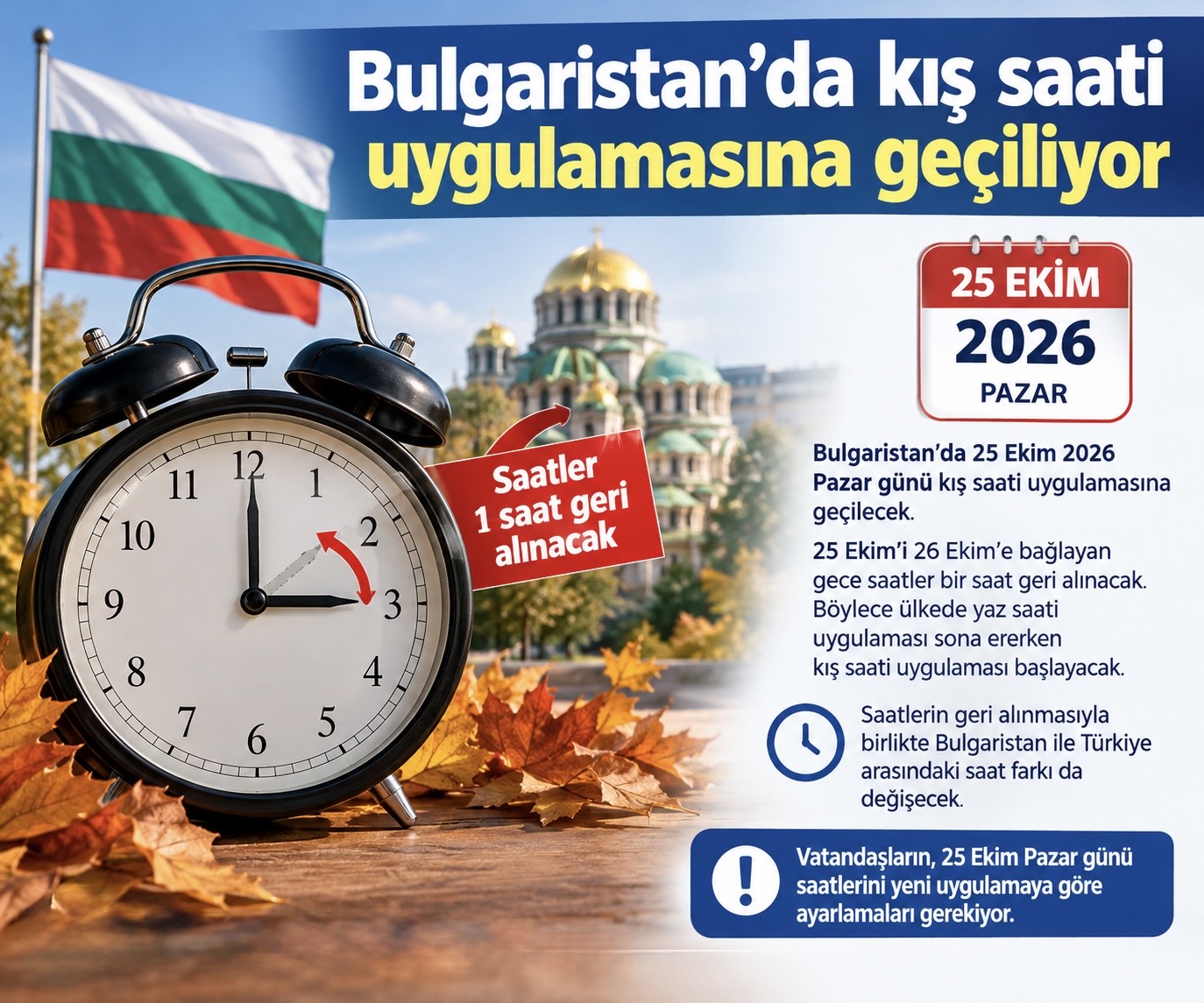 Bulgaristan’da kış saati uygulamasına geçiliyor